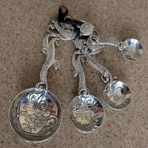 Measuring Spoons-Ganz, Coffee/Tea Cup & Flowers Design, Ornate Metal 4 Spoon Set